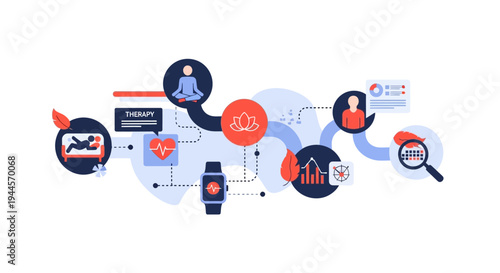 A comprehensive illustration of digital health and wellness management, integrating medical technology, mental health, data analysis, and patient care.