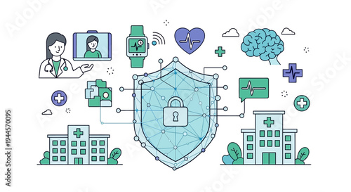 Digital healthcare security shield protecting patient data and medical information with connected devices and hospitals.