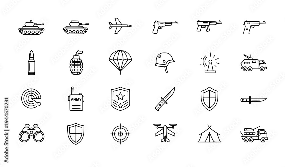 Fototapeta premium A collection of military icons and symbols in a flat, minimalist design style