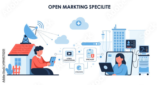 Illustration of telemedicine and remote healthcare services connecting patients at home with medical professionals and facilities through digital technology and cloud computing.