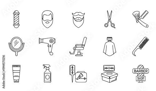 A set of black and white line art icons depicting various barber shop tools and symbols.