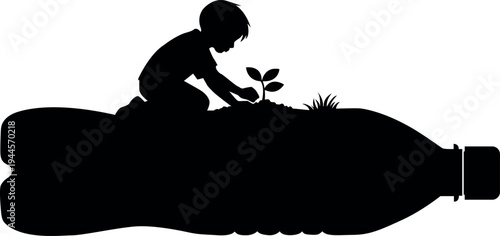 A child nurturing a seedling growing from a recycled plastic bottle