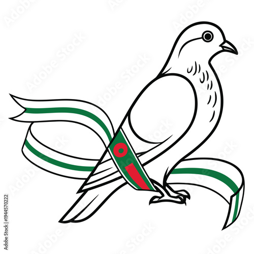 White dove with a patriotic ribbon around its neck with line art