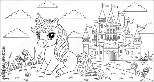 Cute unicorn coloring page vector illustration, magical pony sitting near fairy tale castle, children activity book landscape, fantasy mythical creature