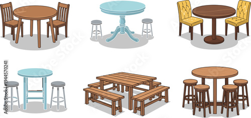 dining table and chair set collection illustration, wooden cafe furniture with stools and benches, restaurant seating designs isolated vector