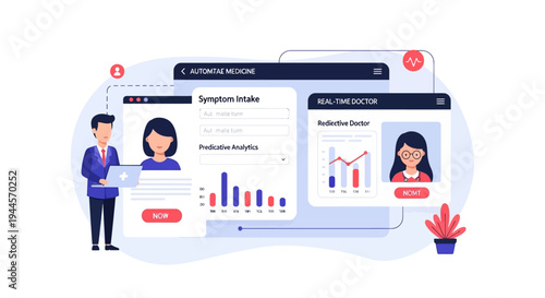 Illustration of a telemedicine platform for alternative medicine, showing doctors, patients, and data analytics.
