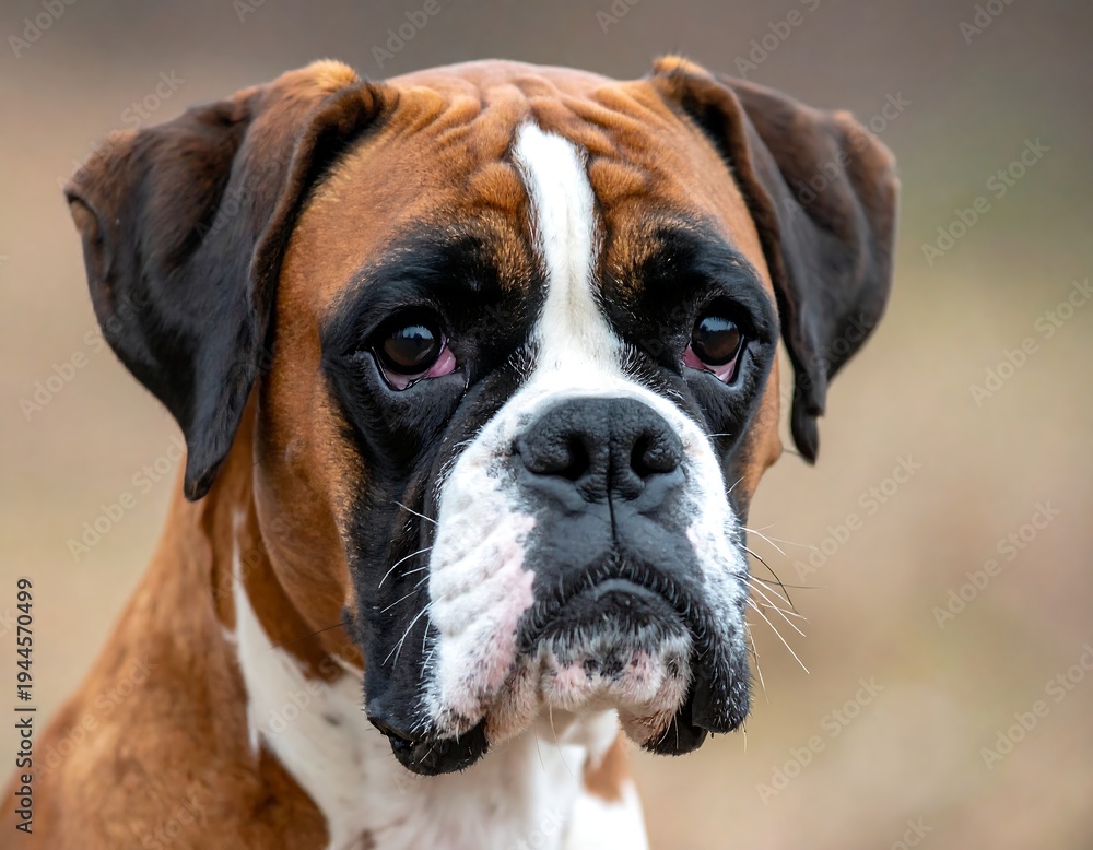 Fototapeta premium Portrait of a Focused Boxer Dog with Expressive Eyes.
