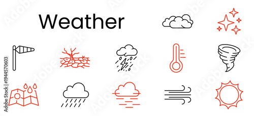 Weather set icon. Outline pictograms, windsock, cracked ground, storm cloud lightning, thermometer, tornado, rain map, rainy cloud, fog cloud, wind lines, sun.