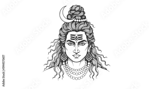 Detailed line art illustration of Lord Shiva featuring the sacred crescent moon and tilak, a powerful Hindu god portrait perfect for spiritual meditation and Mahashivratri designs.