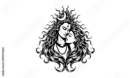 Divine Shiva Parvati line art illustration featuring the sacred crescent moon and intricate flowing hair, an elegant Hindu deity portrait for Mahashivratri and spiritual meditation.