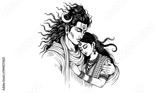 Elegant black and white line art illustration of Lord Shiva and Goddess Parvati in a divine embrace featuring traditional elements like the crescent moon and sacred tilak.