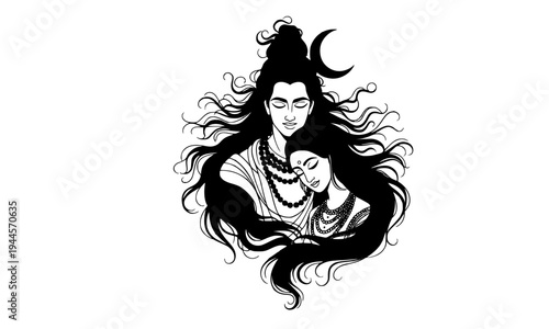 Beautiful Lord Shiva and Goddess Parvati line art illustration with flowing hair and crescent moon, a spiritual Hindu deity portrait perfect for Mahashivratri and meditation designs.