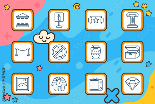 Museum set icon. Ancient temple, information board, ticket, column, barrier rope, notouch sign, artifact vase, treasure chest, painting, pharaoh mask, television guide, diamond, exhibition hall
