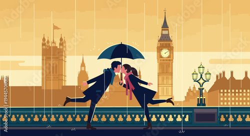 romantic couple dancing under umbrella in London cityscape illustration