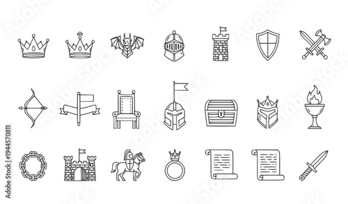 A set of medieval-themed vector icons including crowns, shields, and swords