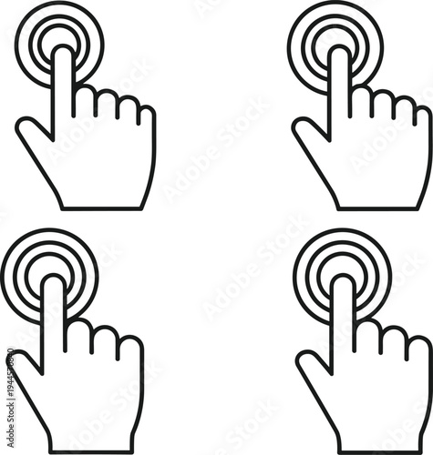 Hand gesture icons pressing button, tap interaction, user interface symbol, digital device control, touchscreen technology, vector illustration, communication, haptic feedback