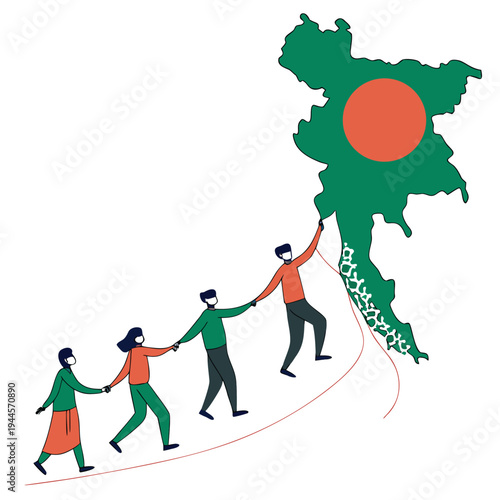 People in masks holding hands leading towards bangladesh map with collective effort with digital art with social commentary