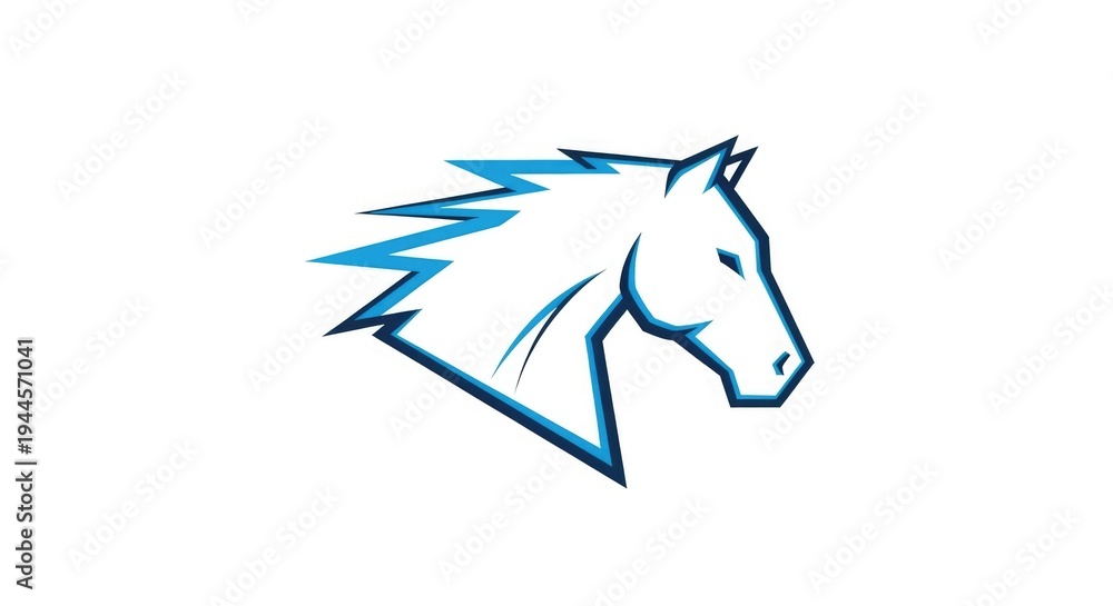 Fototapeta premium A stylized illustration of a horse's head with a flowing mane is depicted in blue lines on a white background.