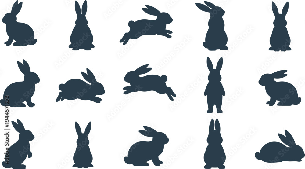 Fototapeta premium Rabbit silhouette vector set featuring various bunny poses including sitting jumping and standing silhouettes for minimalist logo design and seasonal spring graphics.