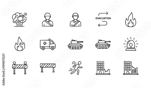 A set of emergency and disaster response icons in a flat, minimalist design style