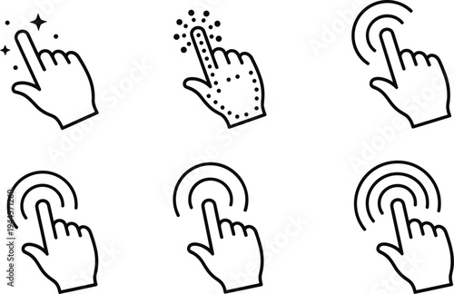 Hand gesture icons showing tap, double tap, multi tap, tactile interaction, haptic feedback, user interface gestures, digital device control, vector illustration