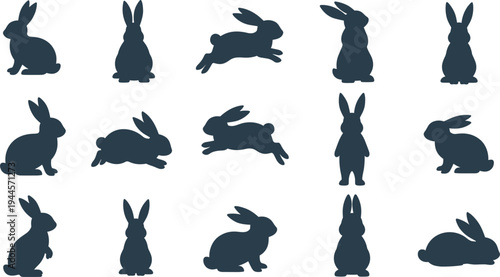 Rabbit silhouette vector set featuring various bunny poses including sitting jumping and standing silhouettes for minimalist logo design and seasonal spring graphics.