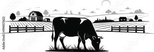 Vintage dairy farm landscape with a grazing cow silhouette in front of a barn meadow and rolling hills for organic agricultural branding and food label design.