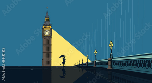 A lone figure walks across a rainy London bridge at night, illuminated by the iconic Big Ben clock tower, creating a dramatic and atmospheric urban scene.
