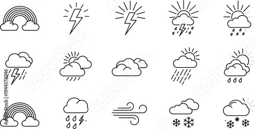 Business strategy and creative thinking icon set featuring global networking rocket launch project planning brainstorming and financial growth data symbols in modern line art.