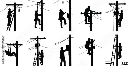 Set of electrician lineman silhouettes climbing utility poles and repairing overhead power lines, electrical maintenance workers with ladders and tools, energy infrastructure service concept