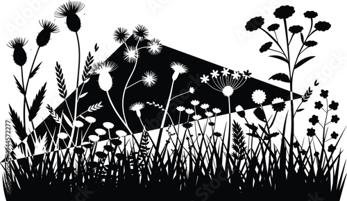 Black and white of a meadow with various wildflowers and grasses under a triangular shape