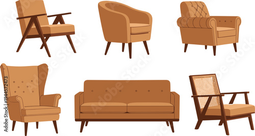 modern armchair and sofa collection illustration, stylish living room seating furniture set, retro lounge chairs and couch designs isolated vector