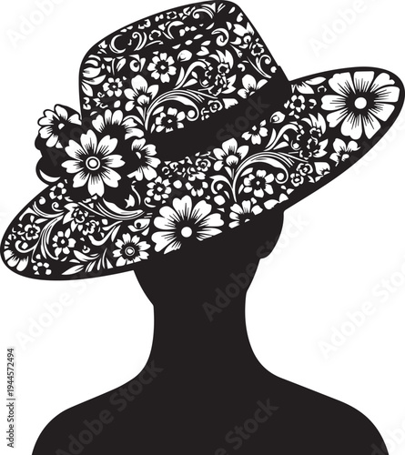 Woman wearing elegant wide-brimmed hat with floral ornament, stylish silhouette vector