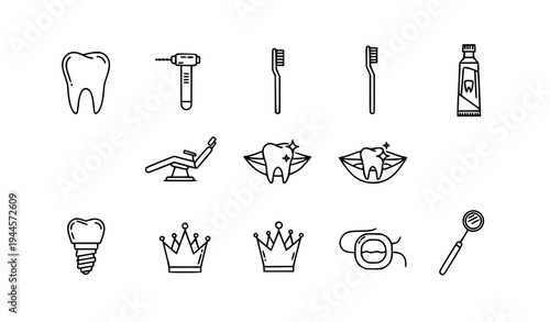 A set of dental icons and illustrations in a flat minimal design style