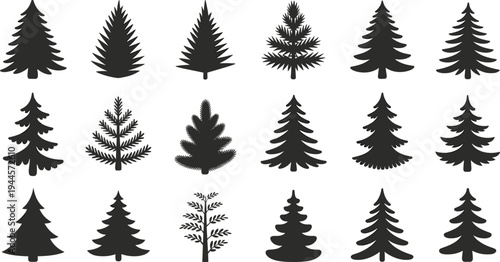 Collection of black and white tree silhouettes featuring various types of coniferous trees and foliage in different shapes and sizes