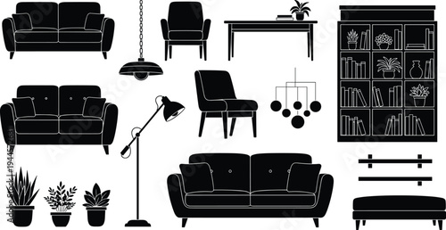modern living room furniture silhouettes set, sofa chair table lamp bookshelf plants icons, home interior decor collection isolated vector