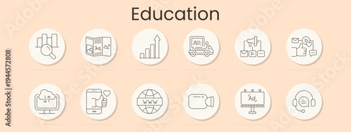 Education set icon. Analytics search, book ads, progress chart, promo truck, funnel leads, social reactions, cloud learning, mobile like, web globe, megaphone, billboard, headset support