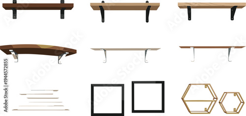modern wall shelf collection illustration, floating wooden shelves, metal brackets, geometric display racks, minimalist interior storage furniture isolated vector set