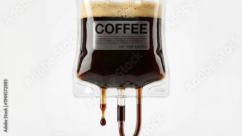 Creative concept of coffee addiction with a foamy black coffee beverage dripping from a medical intravenous bag, isolated on a clean white background, symbolizing energy and dependence