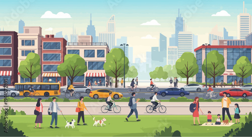 Vibrant City Park Scene: People Enjoying Outdoor Activities with Urban Skyline