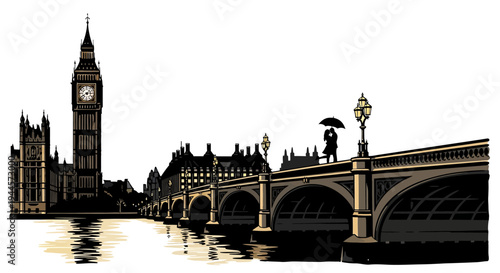 A stylized illustration captures London's iconic Big Ben and Westminster Bridge, featuring a solitary figure with an umbrella, embodying classic British charm.