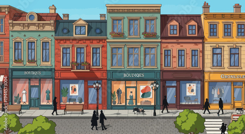 Pixel Art Street Scene with Colorful Buildings and Pedestrians