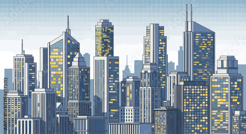 Modern Skyline with Tall Glass Buildings and City Lights at Dusk