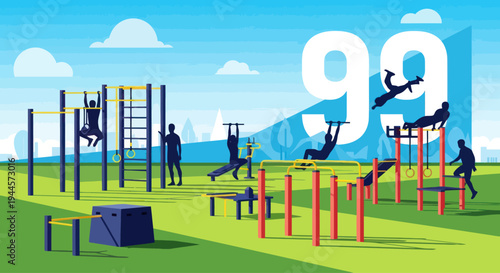 Outdoor Fitness Park with People Exercising on Equipment