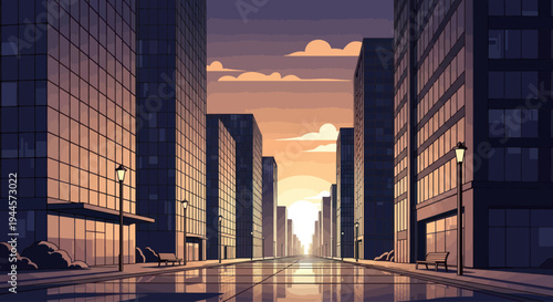 Pixel Art City Street at Sunset with Modern Buildings and Reflections