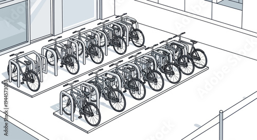 Modern Bicycle Parking Racks with Multiple Bikes in Urban Environment