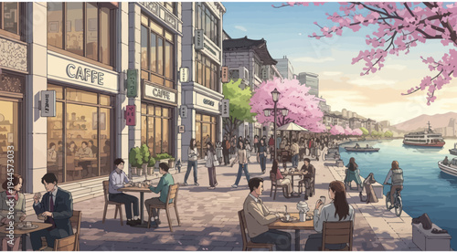 Japanese street cafe with cherry blossoms and waterfront promenade