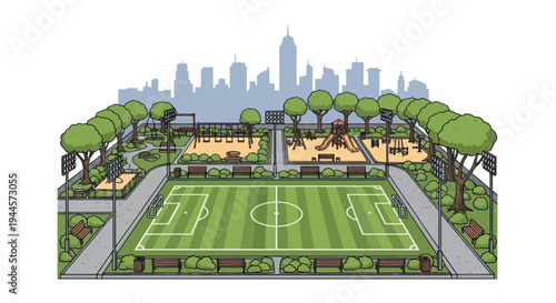 Urban Park with Football Field, Playground, and City Skyline - Isometric Illustration