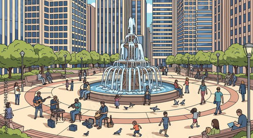 City Park Fountain Plaza with People Enjoying Leisure Activities and Musicians