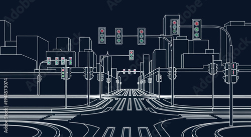 Wireframe Cityscape with Traffic Lights and Road Intersection - Urban Planning Concept